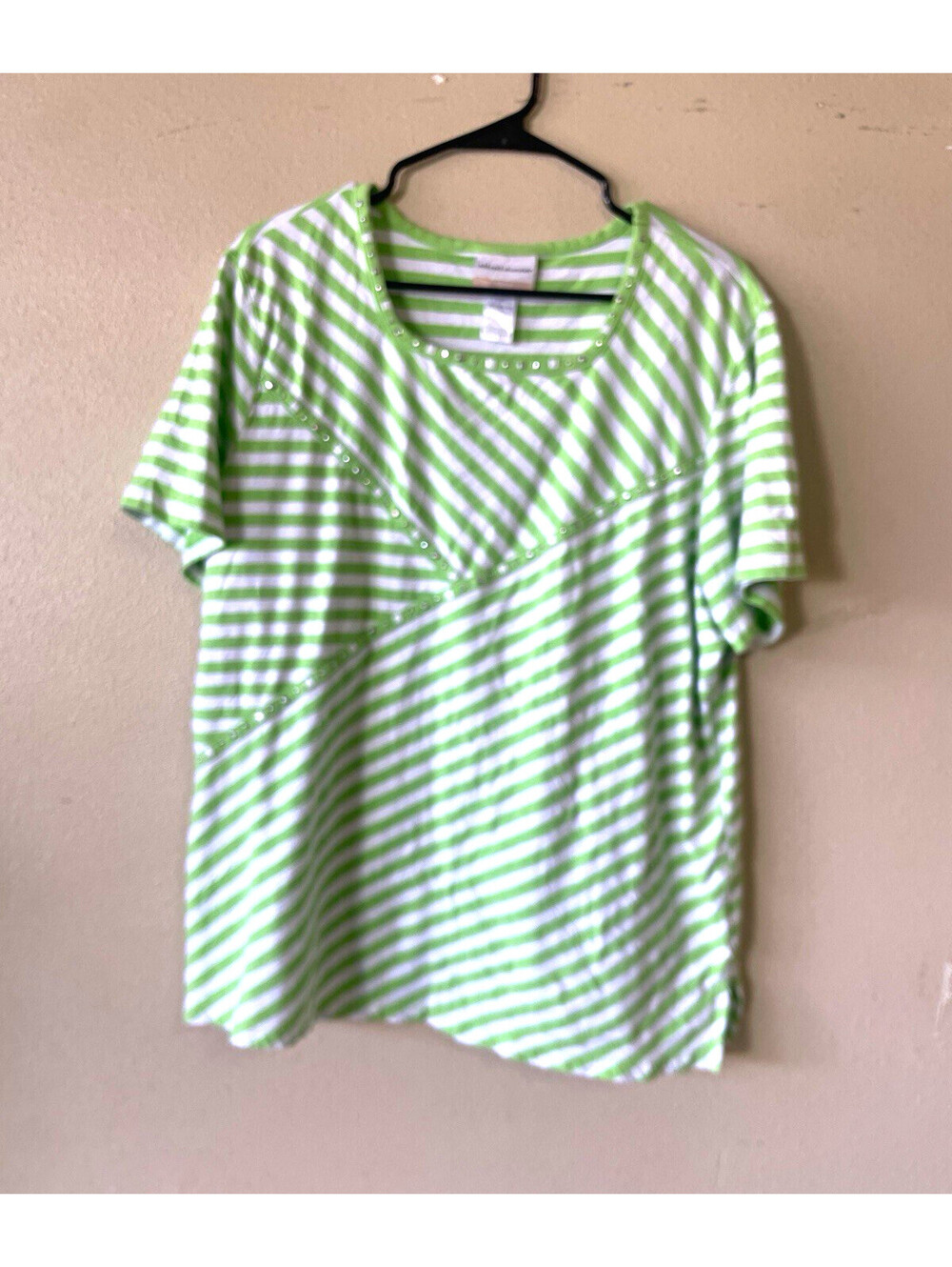 Alfred Dunner 1X Plus Green White Striped Knit Scoop Neck Tee Rhinestone